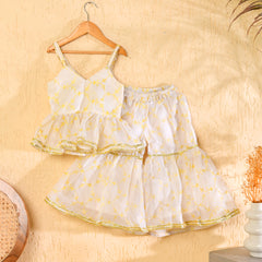White Cotton Kota Hand Block Printed Peplum Sharara Set