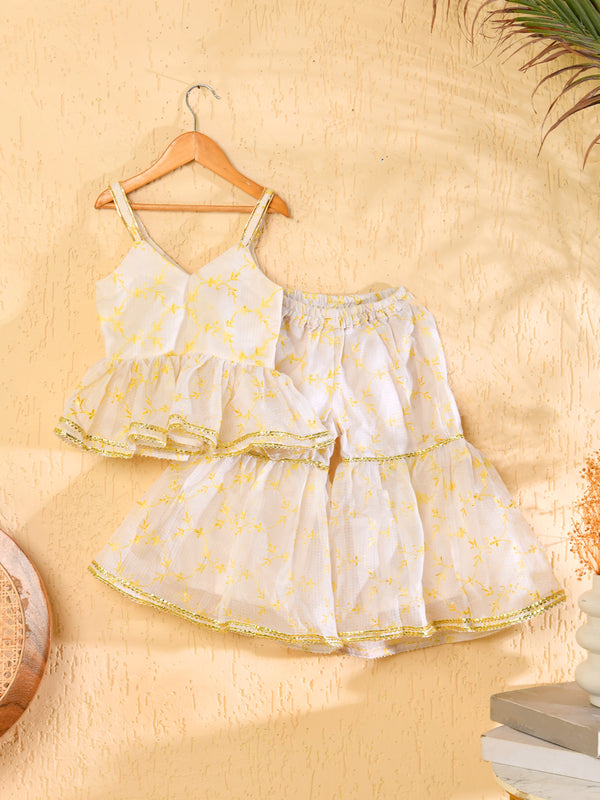 White Cotton Kota Hand Block Printed Peplum Sharara Set