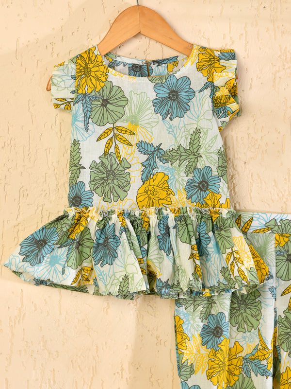 White Cotton Hand Block Print Kurta Pant Set for Girls