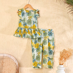 White Cotton Hand Block Print Kurta Pant Set for Girls