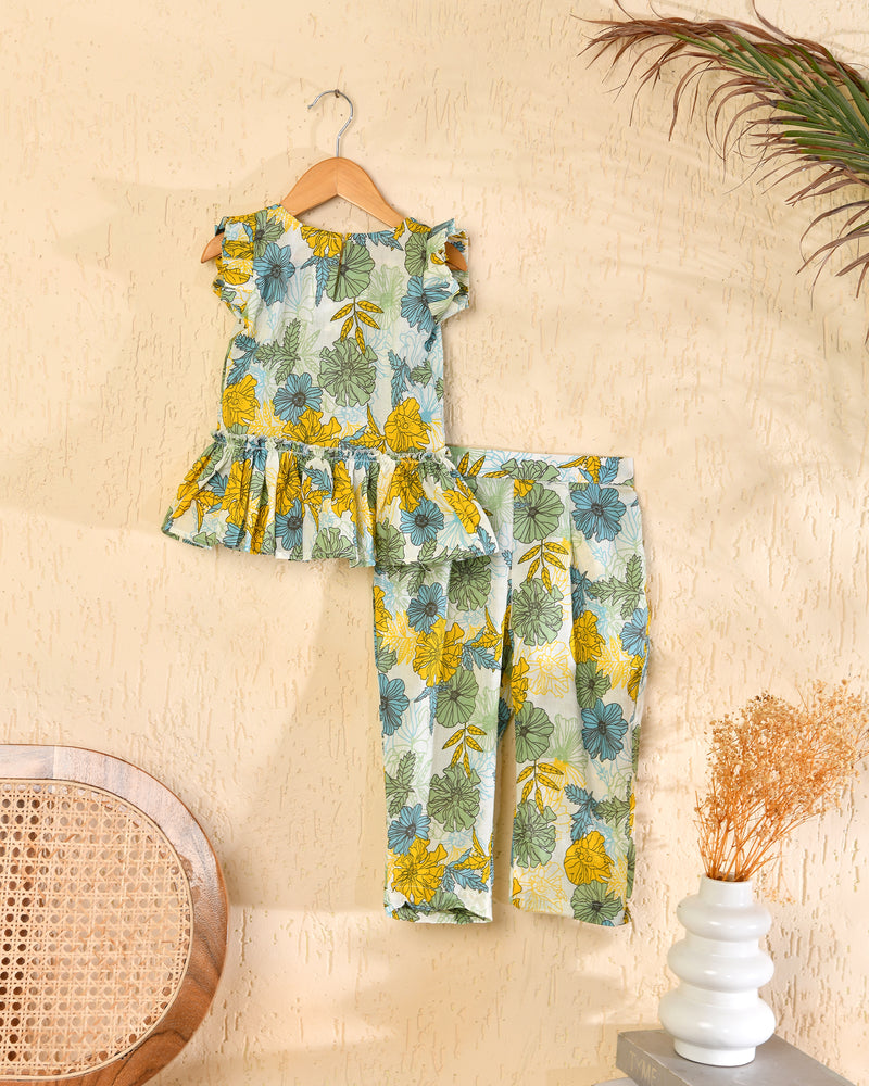White Cotton Hand Block Print Kurta Pant Set for Girls