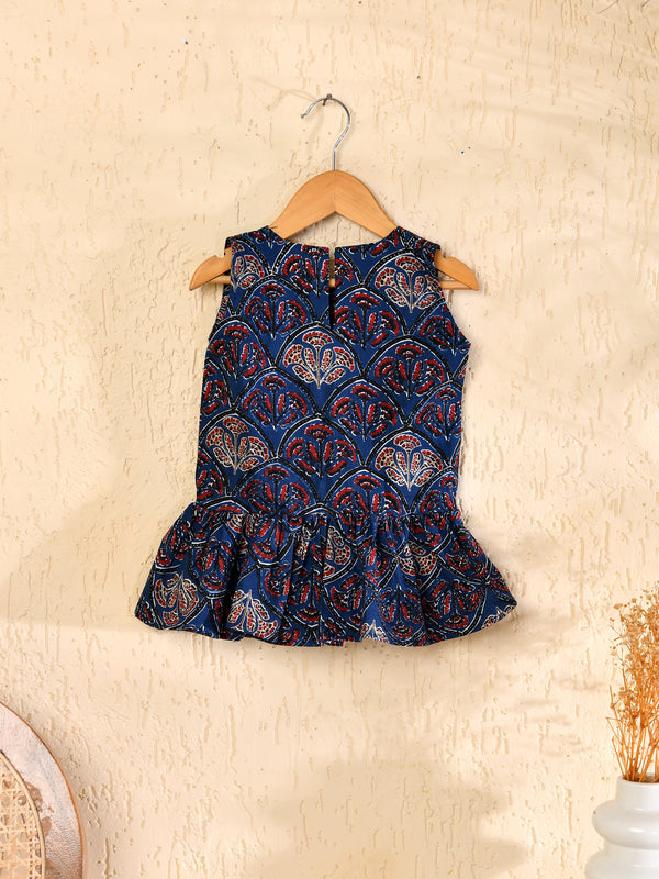 Blue Cotton Block Printed Sleeveless Dress