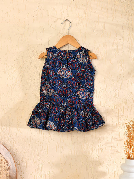 Girls Blue Printed Sleeveless A-Line Dress