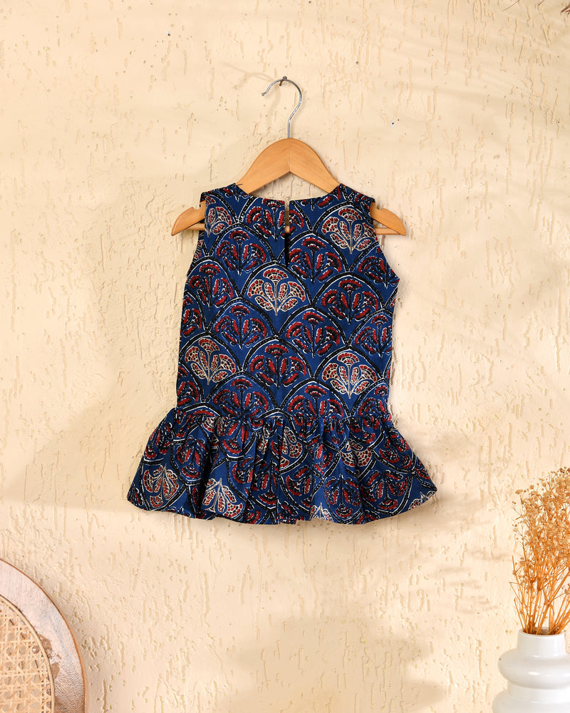 Blue Cotton Block Printed Sleeveless Dress