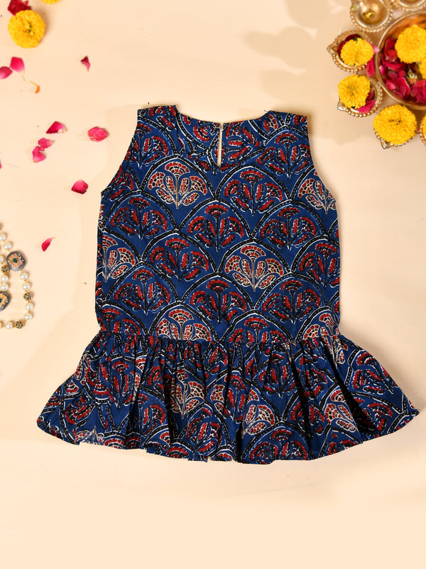 Blue Cotton Block Printed Sleeveless Dress