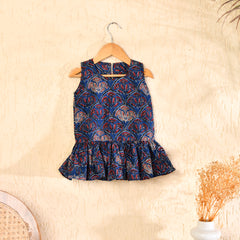 Blue Cotton Block Printed Sleeveless Dress