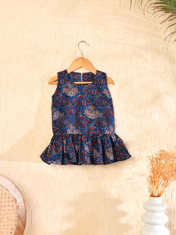 Blue Cotton Block Printed Sleeveless Dress