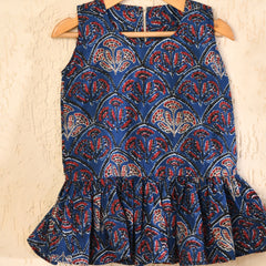Blue Cotton Block Printed Sleeveless Dress