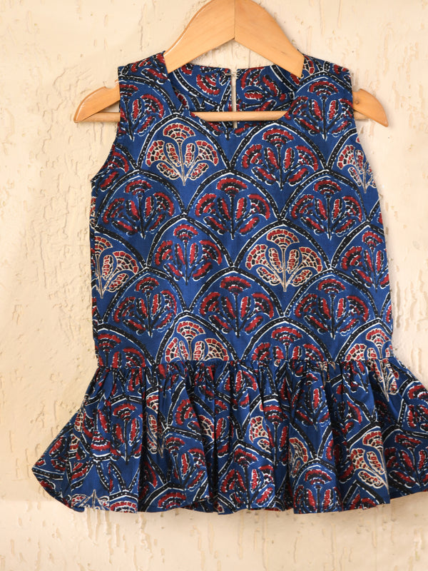 Blue Cotton Block Printed Sleeveless Dress
