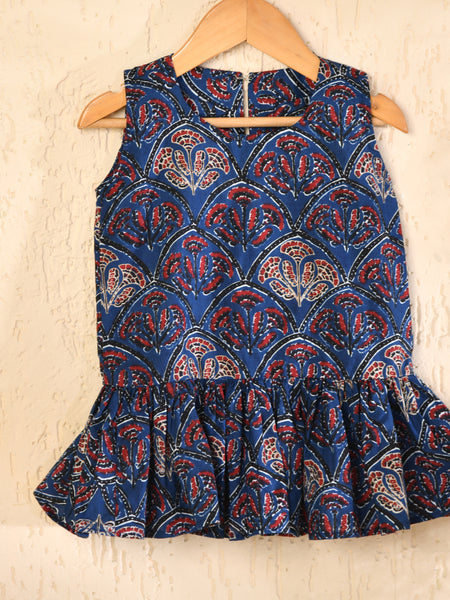 Girls Blue Printed Sleeveless A-Line Dress