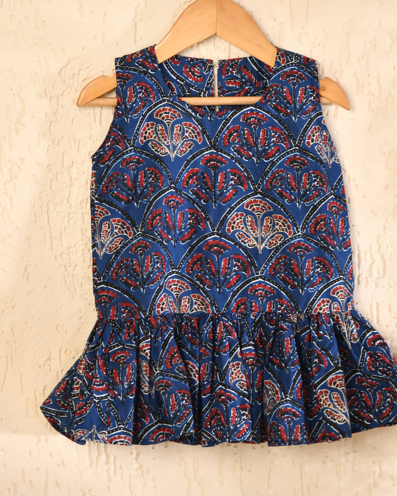 Girls Blue Printed Sleeveless A-Line Dress