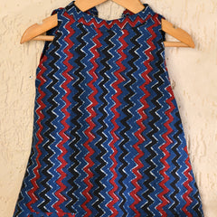 Girls Blue Cotton Block Print Sleeveless Dress