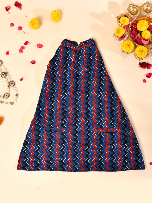 Girls Blue Cotton Block Print Sleeveless Dress
