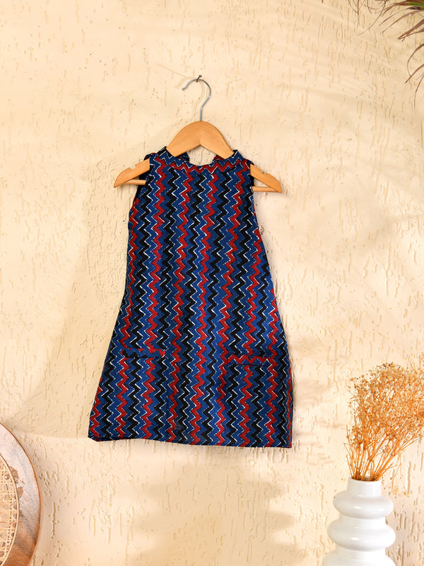 Girls Blue Cotton Block Print Sleeveless Dress