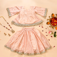 Girls Peach Striped Lehenga Set with Peplum Top