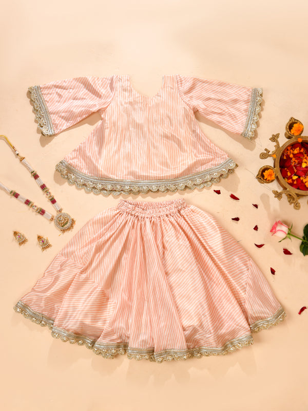 Girls Peach Striped Lehenga Set with Peplum Top