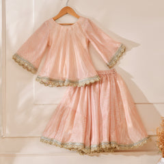 Girls Peach Striped Lehenga Set with Peplum Top