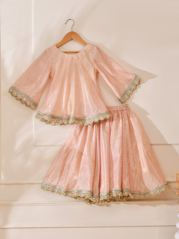 Girls Peach Striped Lehenga Set with Peplum Top