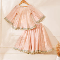 Girls Peach Striped Lehenga Set with Peplum Top