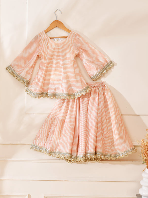 Girls Peach Striped Lehenga Set with Peplum Top