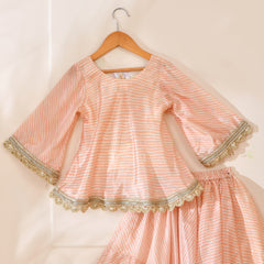 Girls Peach Striped Lehenga Set with Peplum Top