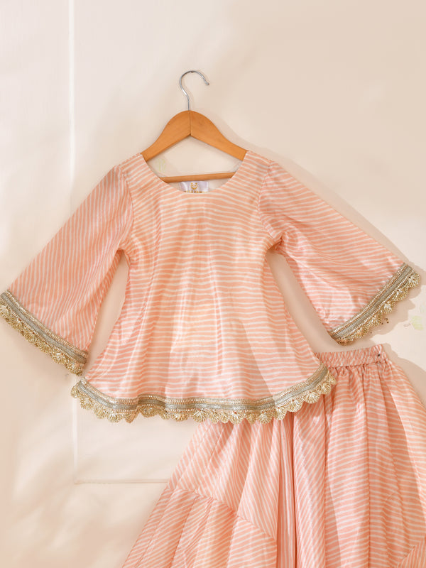 Girls Peach Striped Lehenga Set with Peplum Top