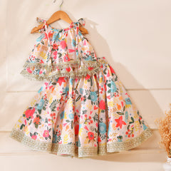 Girls Pastel Floral Print Frill Top and Lehenga Set