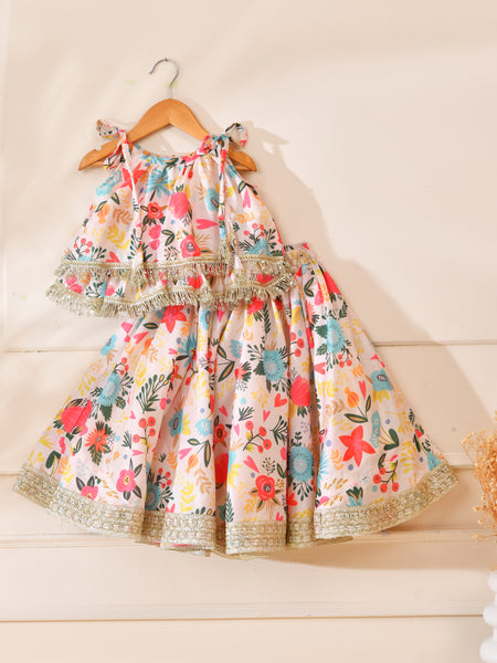 Girls Pastel Floral Print Frill Top and Lehenga Set