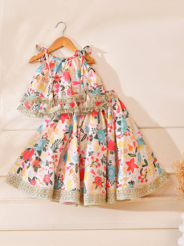 Girls Pastel Floral Print Frill Top and Lehenga Set
