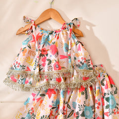 Girls Pastel Floral Print Frill Top and Lehenga Set