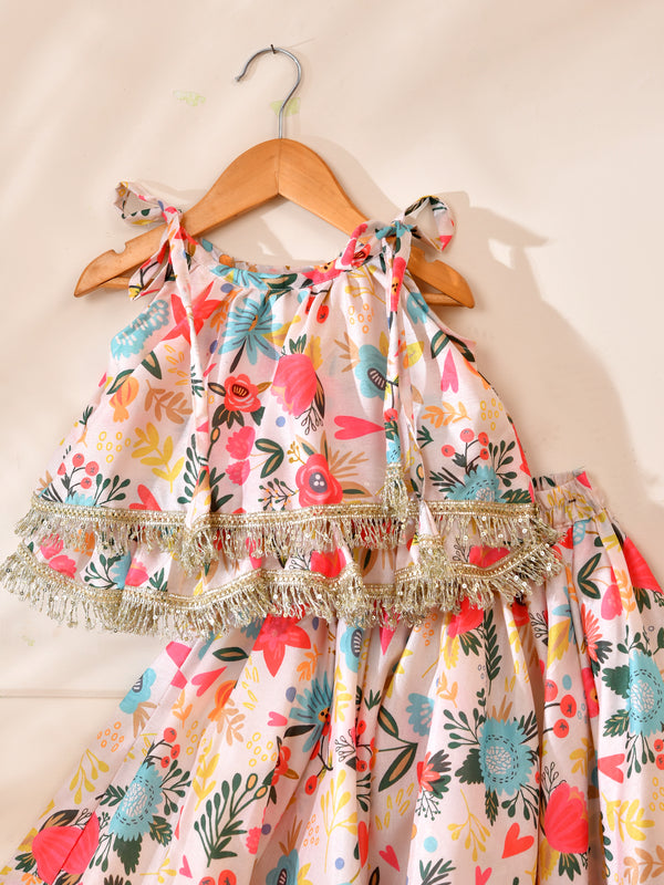 Girls Pastel Floral Print Frill Top and Lehenga Set