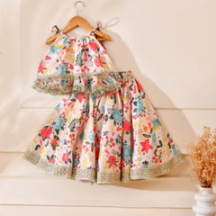 Girls Pastel Floral Print Frill Top and Lehenga Set