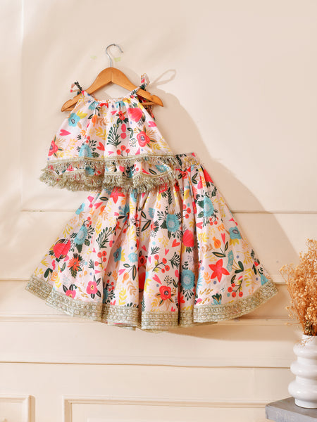 Girls Pastel Floral Print Frill Top and Lehenga Set