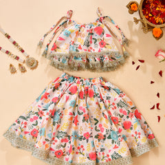 Girls Pastel Floral Print Frill Top and Lehenga Set