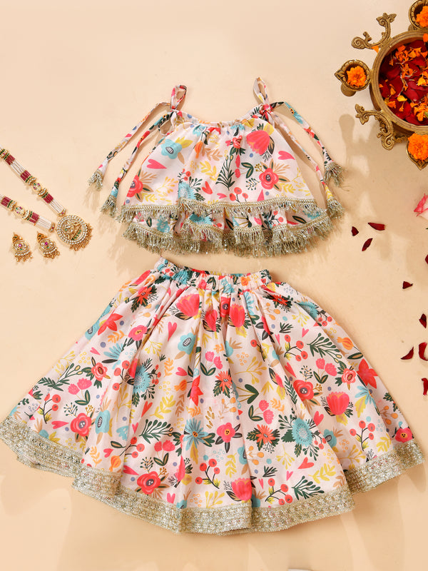 Girls Pastel Floral Print Frill Top and Lehenga Set