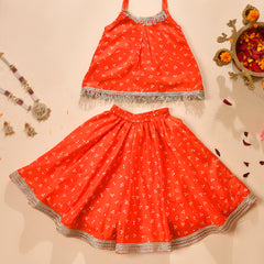Girls Orange Bandhani Print Lehenga Set with Fringe Top