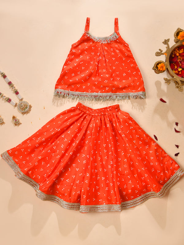 Girls Orange Bandhani Print Lehenga Set with Fringe Top