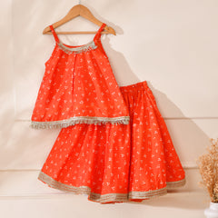 Girls Orange Bandhani Print Lehenga Set with Fringe Top