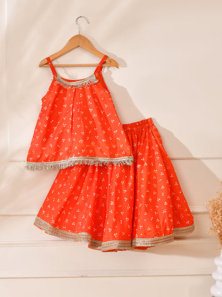 Girls Orange Bandhani Print Lehenga Set with Fringe Top