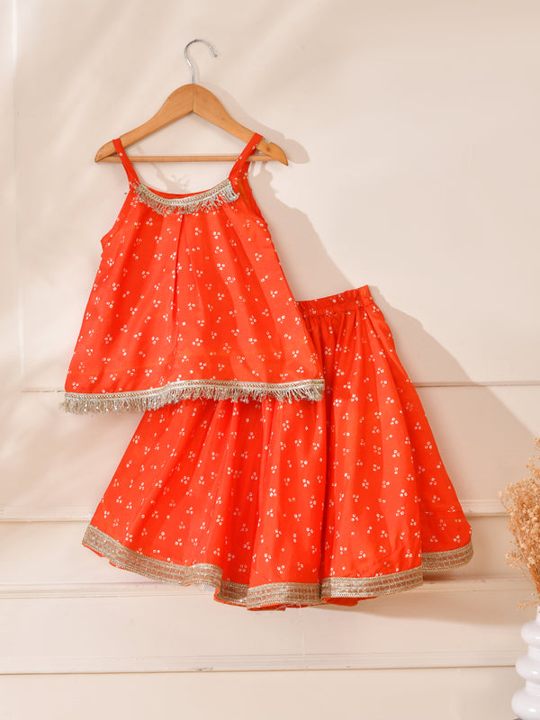 Girls Orange Bandhani Print Lehenga Set with Fringe Top