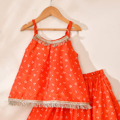 Girls Orange Bandhani Print Lehenga Set with Fringe Top