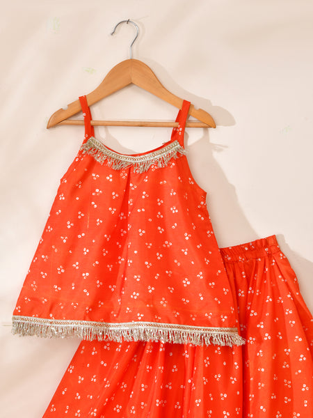 Girls Orange Bandhani Print Lehenga Set with Fringe Top