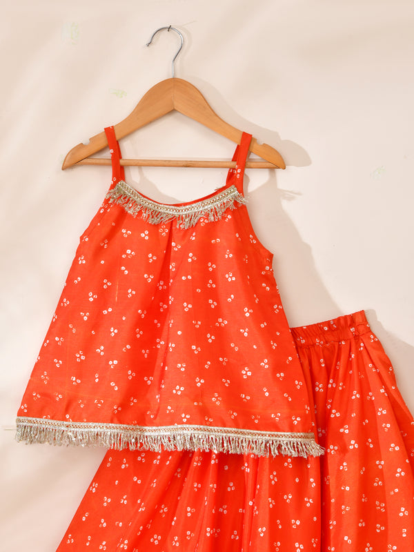 Girls Orange Bandhani Print Lehenga Set with Fringe Top