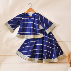 Girls Royal Blue Striped Kurta and Lehenga Set