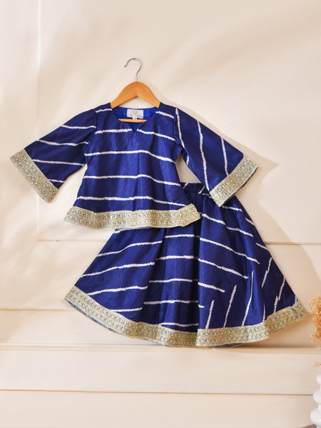 Girls Royal Blue Striped Kurta and Lehenga Set