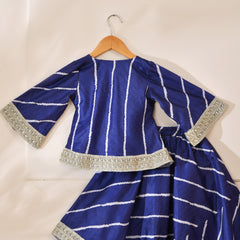 Girls Royal Blue Striped Kurta and Lehenga Set