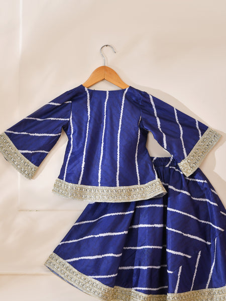 Girls Royal Blue Striped Kurta and Lehenga Set
