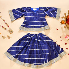 Girls Royal Blue Striped Kurta and Lehenga Set