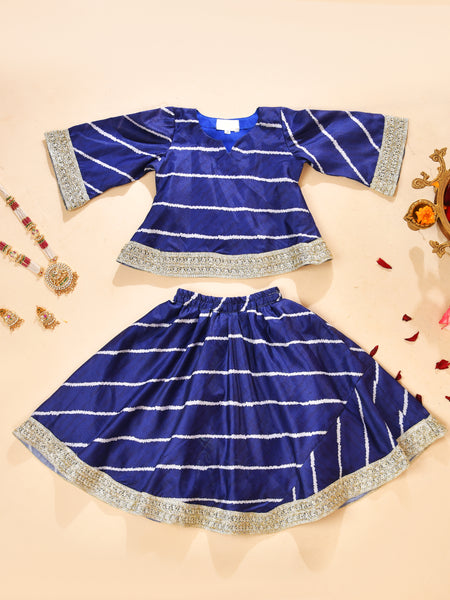 Girls Royal Blue Striped Kurta and Lehenga Set