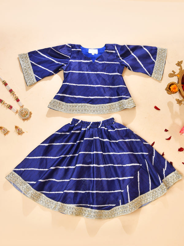 Girls Royal Blue Striped Kurta and Lehenga Set